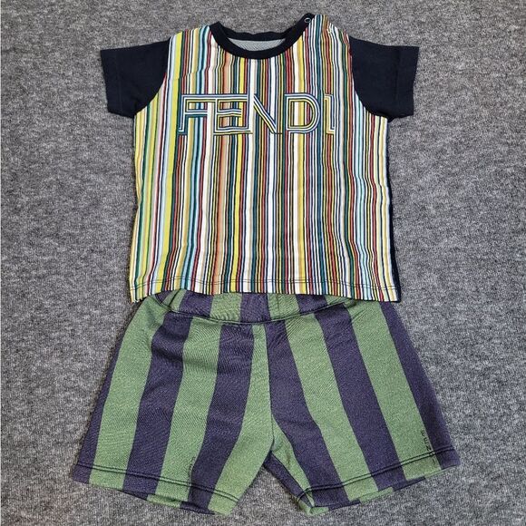Fendi Kids Set T-Shirt And Short 6 Months Multicolor Striped Logo Print On Chest - Picture 1 of 7